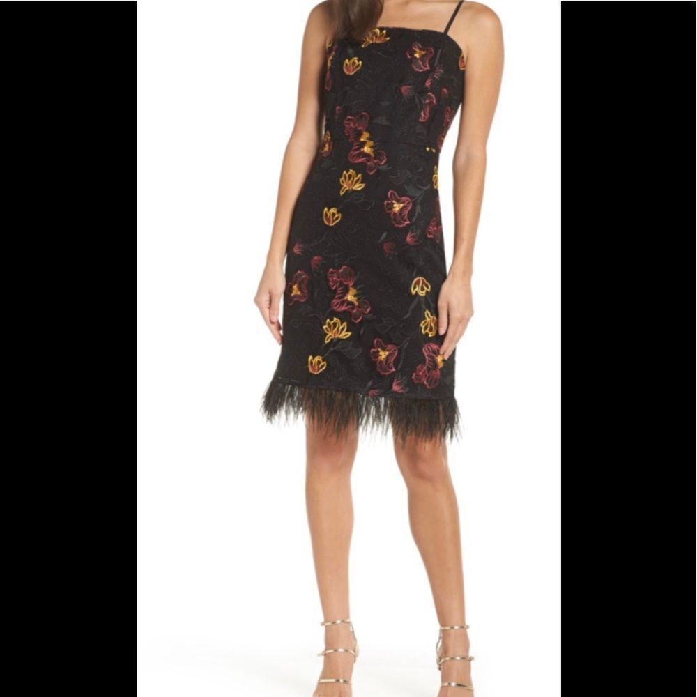 NEW Sam Edelman black floral embroidery feather hem mini cocktail fitted dress 8